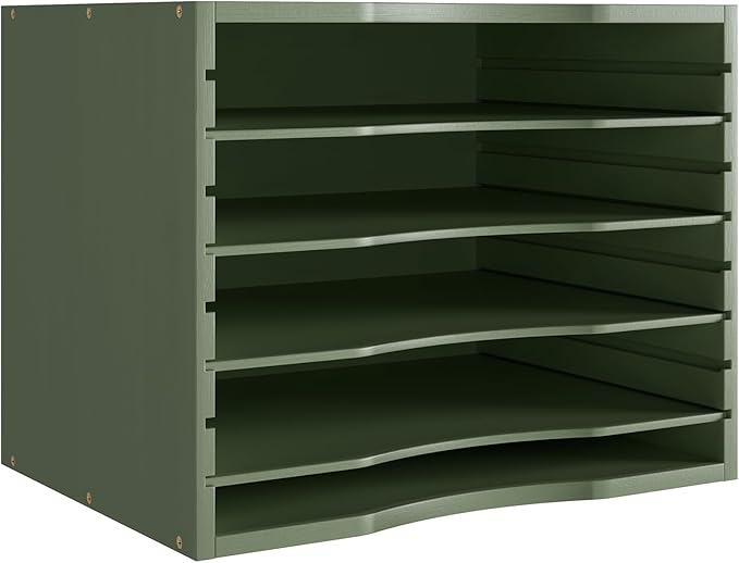 Bamjoy Bamboo 5 Tier Desktop Organizer, Paper Organizer Mail Sorter, File Holder Letter Document Storage with Adjustable Shelves for School Home Office, Forest Green