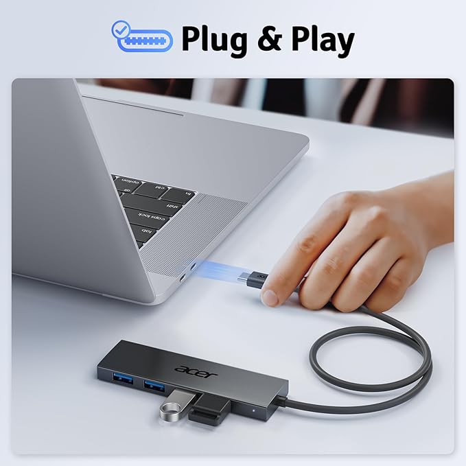 Acer USB C Hub 4 Ports, Multiple USB 3.0 Hub, USBC Splitter for Laptop with TypeC Power Port, Extender for Type C Port Laptop, PC, Desktop and More (USB-C, 2ft)