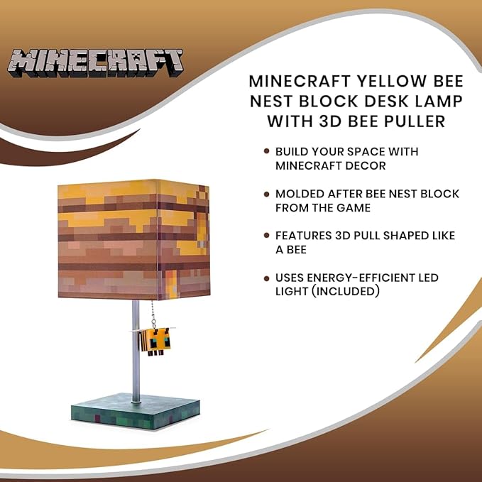 Minecraft Yellow Bee Nest Block Desk Lamp with 3D Bee Puller | Nightstand Table Lamp with LED Mood Light for Bedroom, Desk, Living Room, Playroom | Home Decor Kids Room Essentials | Video Game Gifts