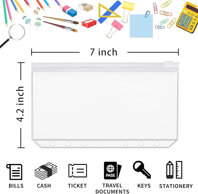 30pcs A6 Binder Pockets 6 Holes Zipper Folders Clear PVC Card Loose Leaf Bags Cash Envelopes for Budgeting Binder Waterproof Document Filing Bags for 6 Ring Notebook Planner Inserts