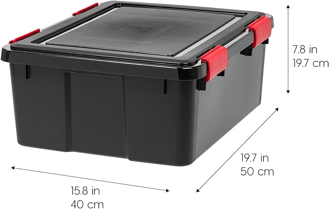 IRIS USA WeatherPro 31 Qt Storage Bins with Lids, 4 Pack, BPA-Free Plastic Gasket Box with Tight Latch and Seal, Stackable Nestable Tote Tub - Black/Red
