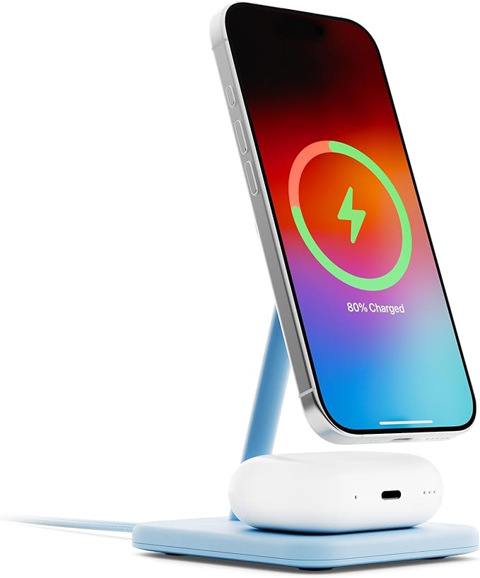 Twelve South HiRise 2 Deluxe 2-in-1 Wireless Charging Station for Apple Devices Qi2 MagSafe Charger, Fast Charger Stand for iPhone 15 14 13 12 Pro & Max Series AirPods Pro/3/2, Glacial Blue