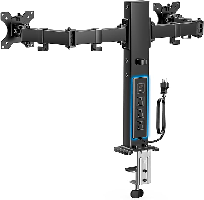 HUANUO Dual Monitor Stand with Power Outlet, Full Motion Double Monitor Stand with Adjustable Height, Supports 13″-32″ Displays up to 22 lbs, USB Ports and Stronger Pole, Desk Clamp and Grommet Mount