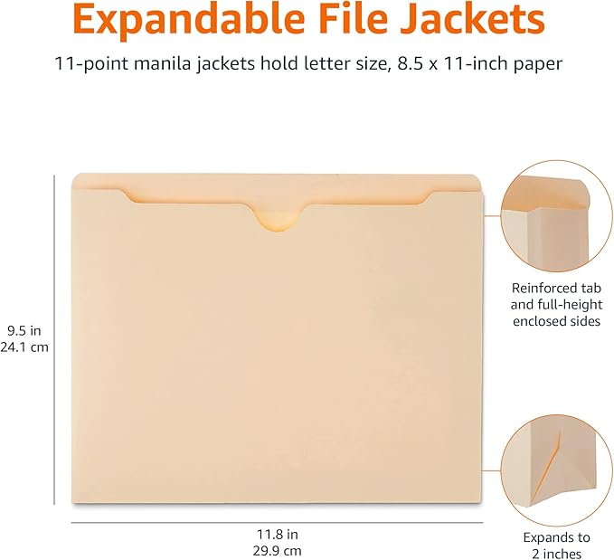 Amazon Basics File Folders Jacket, Reinforced Straight-Cut Tab, 2 Inch Expansion, 50-Pack, Letter Size, Manila