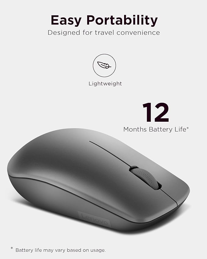 Lenovo 530 Full Size Wireless Computer Mouse for PC, Laptop, Computer with Windows - 2.4 GHz Nano USB Receiver - Ambidextrous Design - 12 Months Battery Life - Graphite Grey