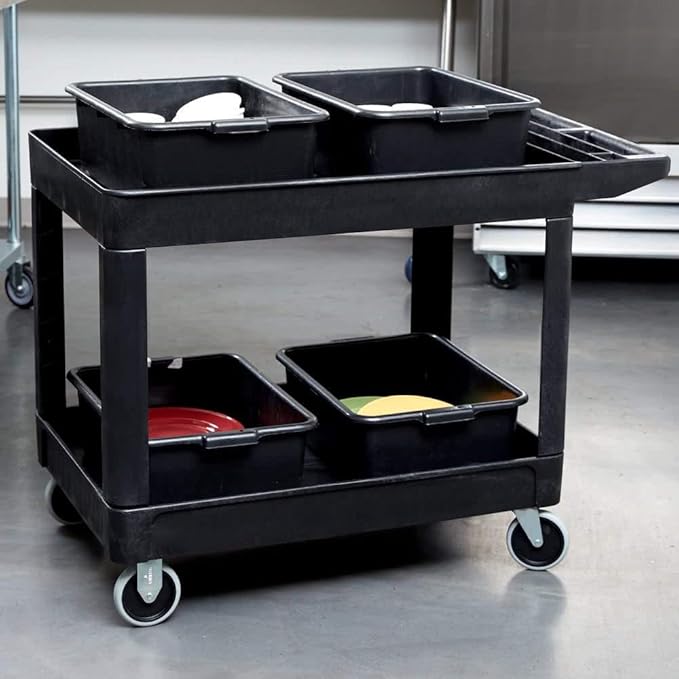 Rubbermaid Commercial Products 2-Shelf Utility/Service Cart, Medium, Black, Lipped Shelves, Ergonomic Handle, 500 lbs. Capacity, for Warehouse/Garage/Cleaning/Manufacturing