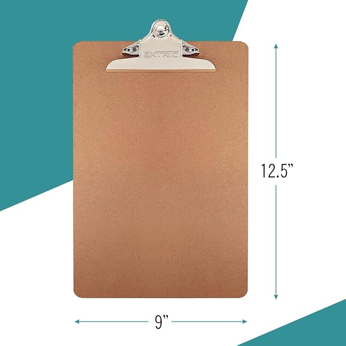 24 Clipboards Standard A4 Letter Size, 9x12.5 inch Wooden Clipboard with 6" Metal Clip, Hardboard, Fits 8.5 x 11 Inch Paper, Bulk Pack