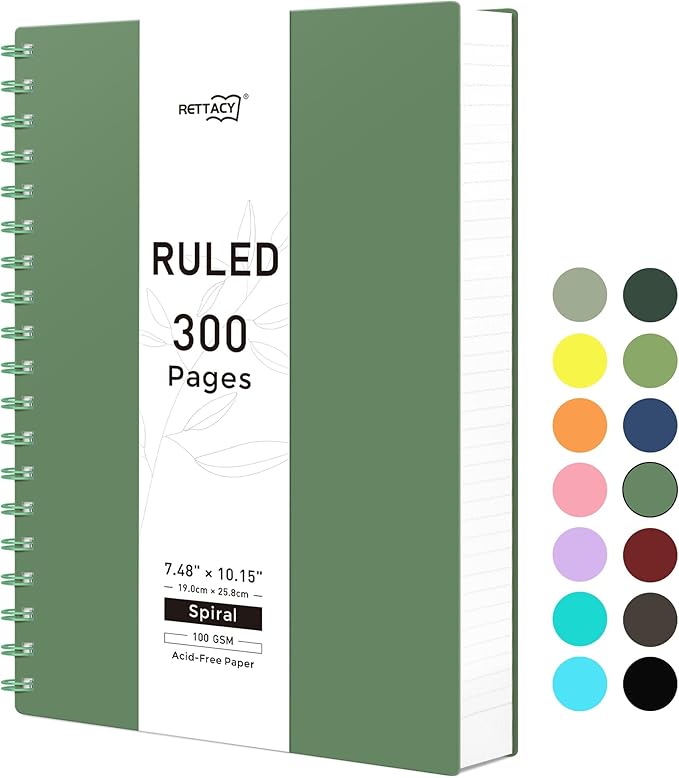 RETTACY Spiral College Ruled Notebook, 300 Pages, B5 Medium Size (7.4" x 10"), for School, Work, Writing, Journaling, 100 GSM Thick Paper, Flexible Plastic Cover (Dark Green)