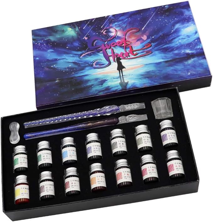 AXEARTE Glass Dip Calligraphy Pen Set, 18-Pieces 14 Color Inks, Pen Holder, Cleaning Cup, 2 Crystal Glass Pens for Art, Writing, Drawing, Signatures, Gift for Kids and Artist