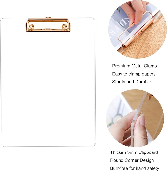 Thick Acrylic Clear Clipboards with Gold Clip 2-Pack, Durable Stylish Clipboards with Low Profile Clip
