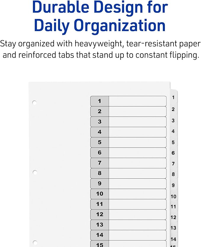 Avery Dividers for 3 Ring Binders, 15 Tabs per Set, Customizable Table of Contents, Classic White Tabs, Great for Organizing Reports, Projects, and More (3 Sets of 11079)