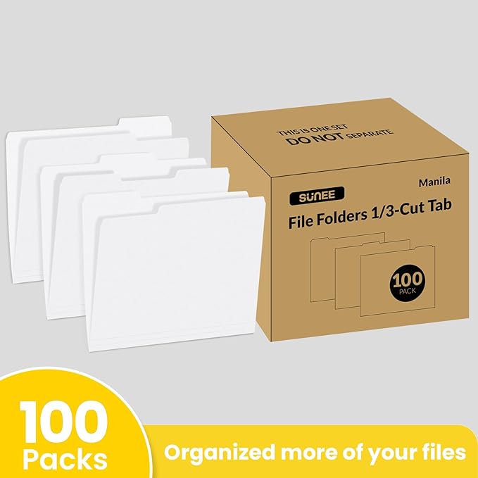 SUNEE File Folders Letter Size White, 100 Pack Manilla Folders 8.5 x 11 1/3-Cut Tabs, Colored File Folders Office Home School for Documents Files Paper