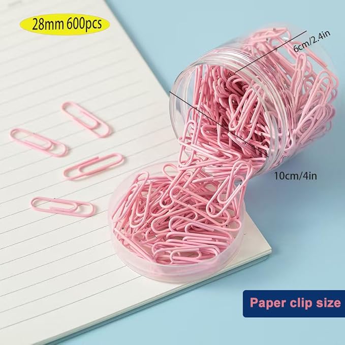 Macaron Colored Paper Clips, 1.1" Medium Paper Clip（28mm, 600pcs Paperclips for Office Supplies and Organization (Pink)