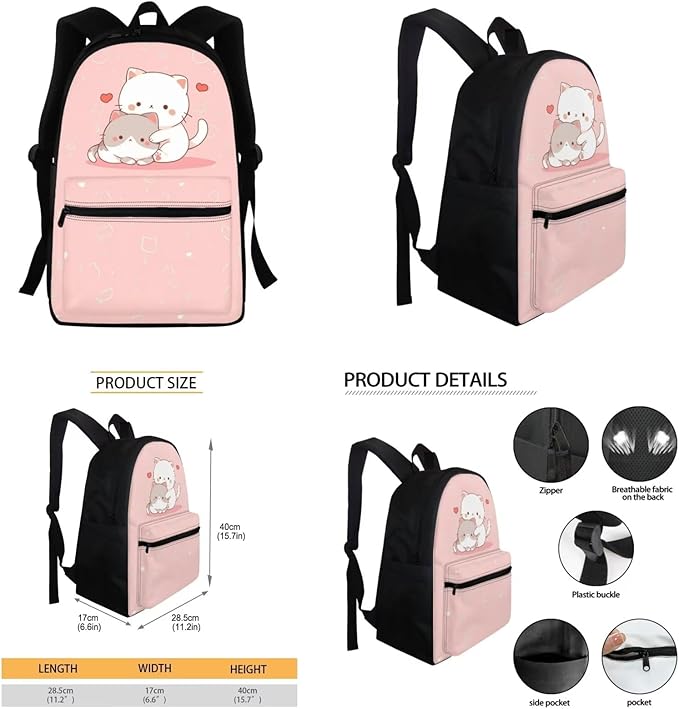 Girls School Bag for Kids 6-8 10-12 Kawaii Cat Backpack Set with Lunch Bag Pencil Case Water Bottle Sleeve Elementary Middle High School Bookbag College Rucksack Daypack