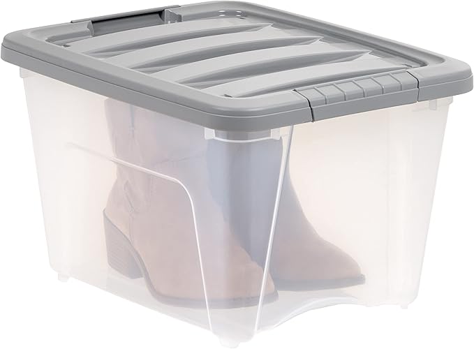 Amazon Basics Plastic Storage Containers with Secure Latching Lids, Stackable Organization Bins, Clear/Grey, 19 Quart, Set of 6