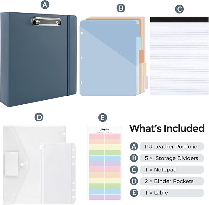 SKYDUE 3 Ring Binder with Clipboard, 2 Inch Heavy Duty Binder, PU Clipboard Binder with Notepad & 5 Dividers with 10 Pockets, Labels, Clipboard Folder Great for School Office(Fit Letter Sized Paper)