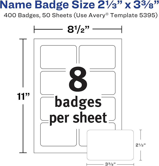 Avery Flexible Printable Name Badges, 2-1/3" x 3-3/8" Rectangle Labels, White, 5 Packs, 2,000 Removable Name Tag Stickers Total (5395)