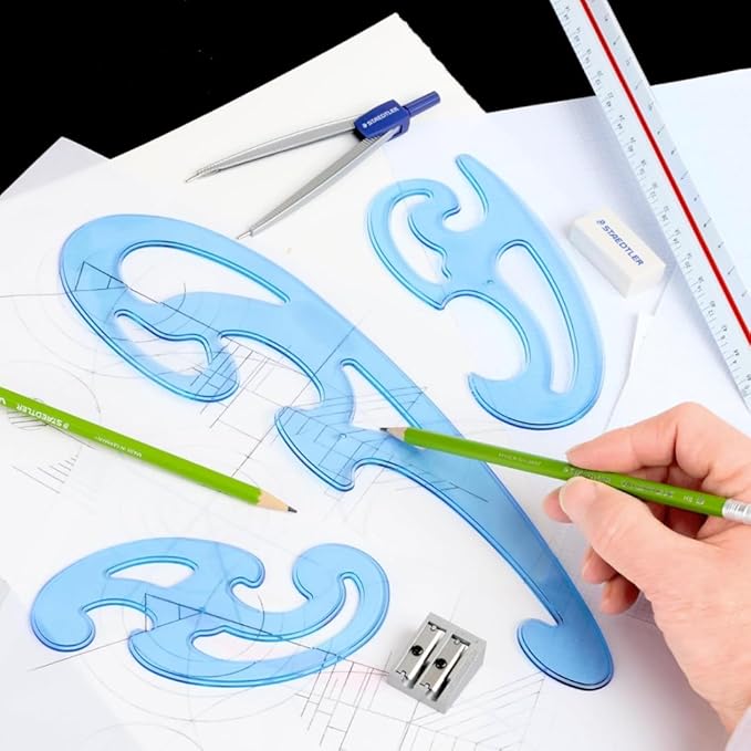 STAEDTLER Mars Professional French Curve Design Ruler Set for Pattern Making 12-Pack (12 Sets of 3 pcs), 3 Essential A B C Shapes, Blue Transparent Plastic with Inking Edge, 36 Count