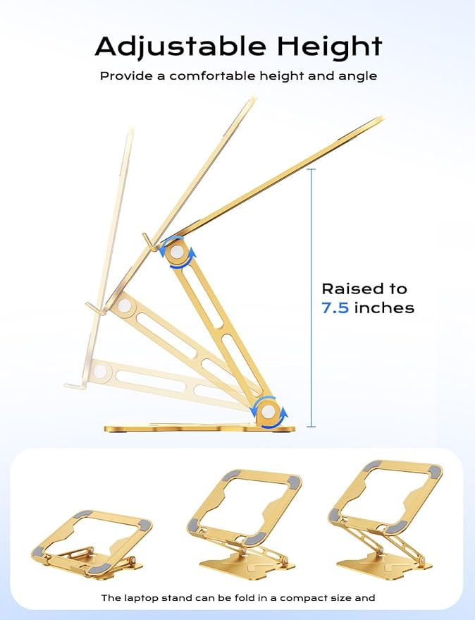 Adjustable Laptop Stand for Desk, Metal Foldable Laptop Riser, Portable Laptop Holder Mount, Ventilated Cooling Computer Notebook Stand for MacBook Air Pro, All 10-16'' Notebooks Laptops, Gold