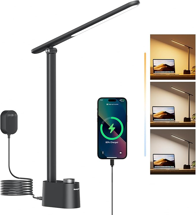 Honeywell LED Desk Lamp - Sunturalux Desk Lamps for Home Office with USB A+C Charging Ports, Stepless Dimmable Eye-Caring Foldable Desk Light for Table Bedroom Bedside Reading(Black)