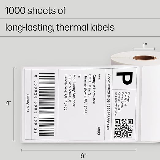 HP 4” x 6” Direct Thermal Shipping Labels, 4 Rolls 250 Sheets per Roll, Multipurpose Thermal Labels for Personal or Business Use, Compatible with HP and Other Thermal Label Printers, White