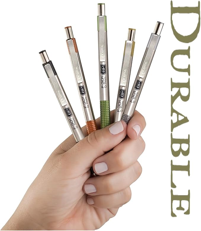 Zebra Pen F-301 Signature Series Retractable Ballpoint Pen, 0.7mm, Black Easy-Glide Ink, Stainless-Steel Barrel, Pewter Earth Tone Accents, Ideal for Office, Journal and Planner Use, 4-Pack (27214)