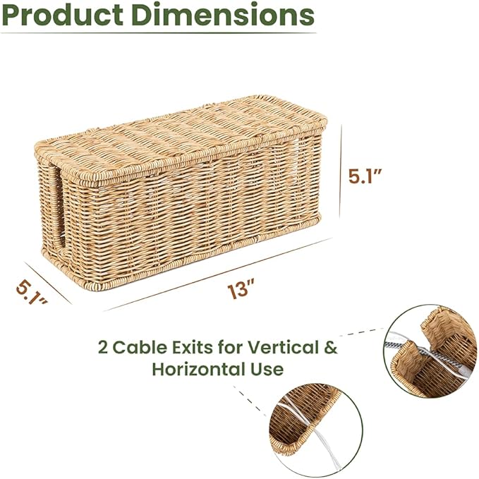 Cable Management Box, Handmade Rattan Cable Organizer with 2 Open Slots, Cord Hider for Power Strip, Router & USB Hub, Registered U.S. Design Patent (D1,112,102), 13" x 5.1" x 5.1", Natural