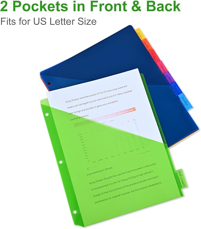 8-Tab Binder Dividers - Index Pockets Divider for 3 Ring Binders, 3-Hole Plastics Sheets Protectors for US Letter Size in 0.5'', 1'', 2'', 3 inch Binders, 8 Colors (XY004) (1 Pack)