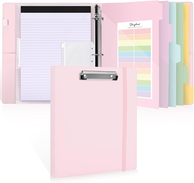 SKYDUE 3 Ring Binder with Clipboard,1 Inch Binder, 13.2" × 10.2" PU Clipboard Binder with Notepad & 5 Dividers with 5 Pockets, Labels, Clipboard Folder Great for School Office(Fit Letter Sized Paper)
