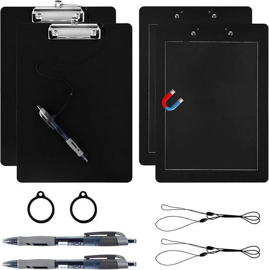 2 Pack Magnetic Clipboards with Pen Attached Black Clip Board with Low Profile Letter Size Clipboards 9X 12.5 Inch Standard Clip for Refrigerator Office Classroom Home Factory
