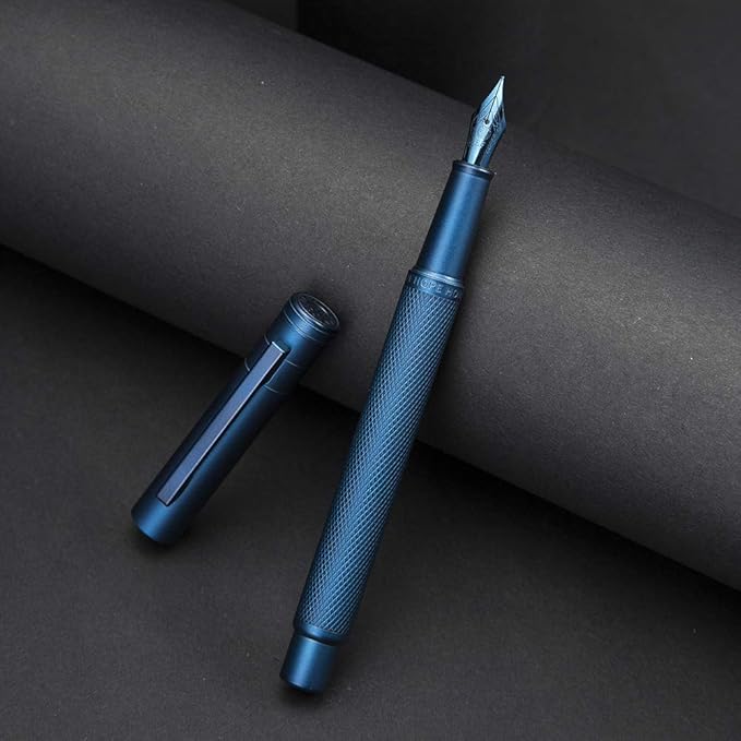 Dark Blue Forest Fountain Pen Extra Fine Nib Classic Design with Converter and Metal Pen Case Set by Asvine