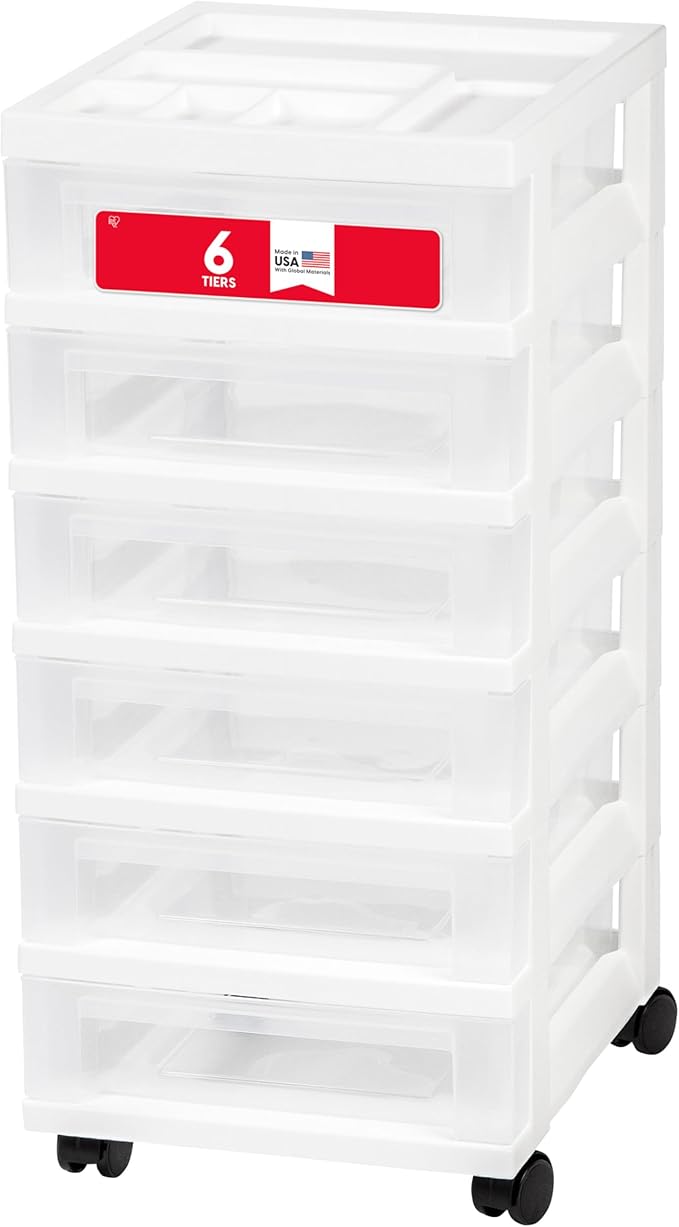 IRIS USA Plastic Drawer Storage Organizer Rolling Cart, with Wheels Casters, 6-Drawers, for Classroom Art Craft Supplies Dresser Closet Bathroom Laundry Room, White/Clear