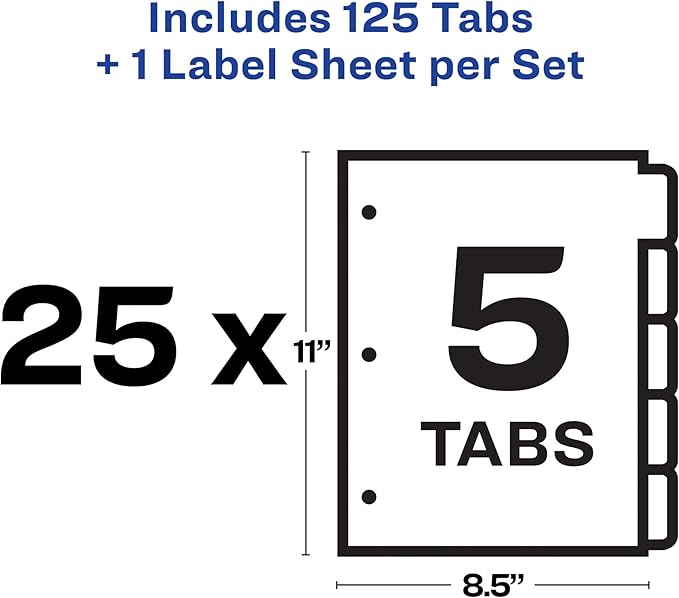 Avery 5 Tab Dividers for 3 Ring Binder, Easy Print & Apply Clear Label Strip, Index Maker Customizable White Tabs, 25 Sets (11446)