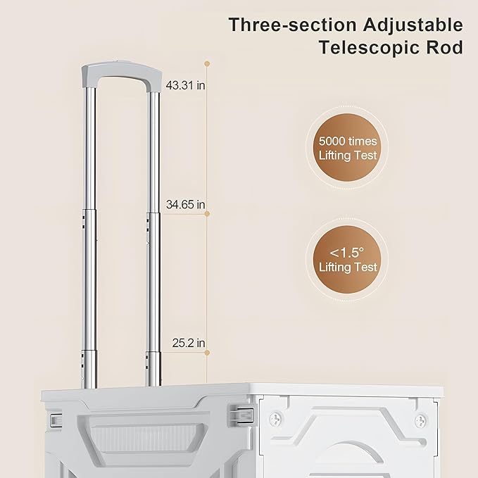 VECELO Foldable Utility Cart with Wheels - Heavy Duty Collapsible Rolling Cart for Shopping, Travel, Office & Home - Portable Luggage Cart with Telescoping Handle, White