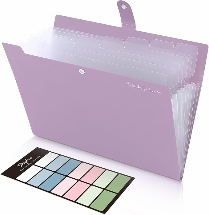SKYDUE File Folder with Labels, Accordion File Organizer with 8 Pockets, Portable Document Organizer, A4 Letter Size, Paper Organizer for Office, Purple