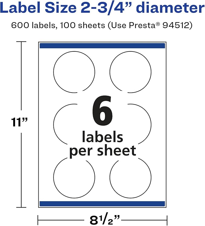 Avery Glossy White Round Labels, Sure Feed Technology, 2.75" Diameter, 600 Glossy White Labels, Print-to-The-Edge, Permanent Adhesive, Laser/Inkjet Printable