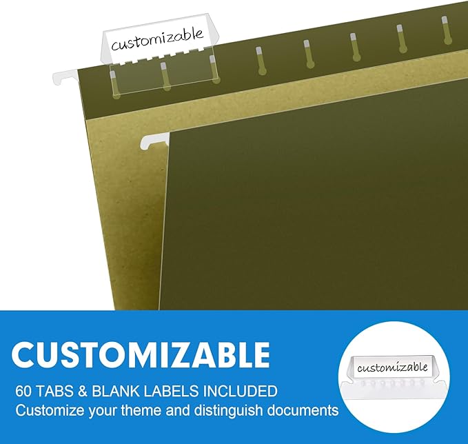 Extra Capacity Hanging File Folders, RAZCC 60 Pack Letter Size Reinforced Hanging Folders with Heavy Duty 1 Inch Expansion for Bulky Files, Filing Cabinet, Adjustable Tabs, Green