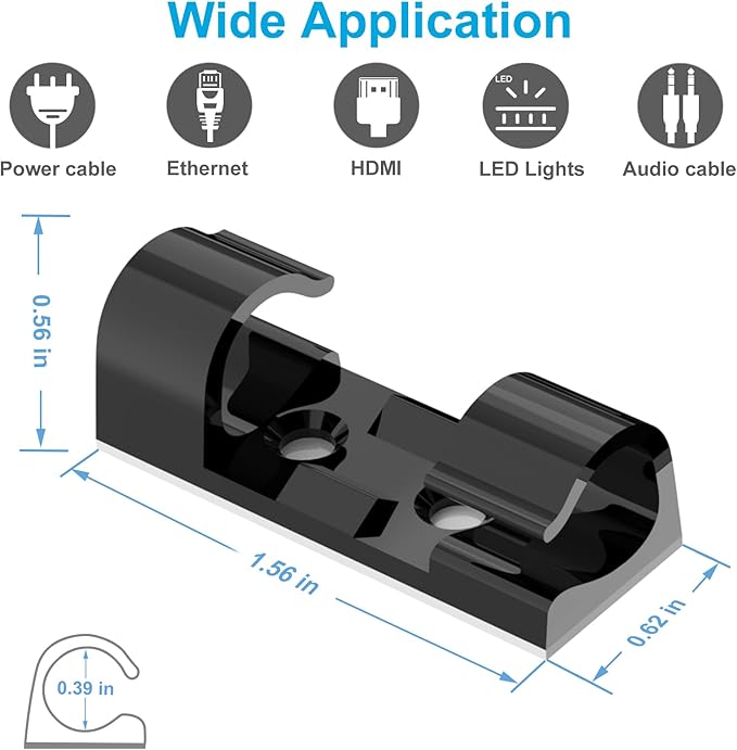 Wire Clips Black (Large, 26PCS), Heavy Duty Extension Cord Clips for Wall, Adhesive Cable Clips Wire Holders for Electric Wires, Powre Cable, PC, Ethernet, TV-Coax, LED Light Clips