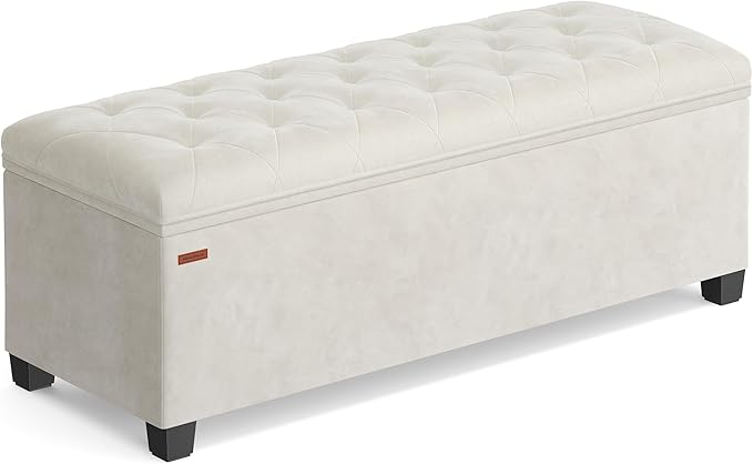 SONGMICS Velvet Storage Ottoman Bench, Foot Rest with Legs, 15.7 x 43 x 15.7 Inches, End of Bed Bench, Storage Chest, Load up to 660 lb, for Living Room, Bedroom, Entryway, Cream White ULSF089W01