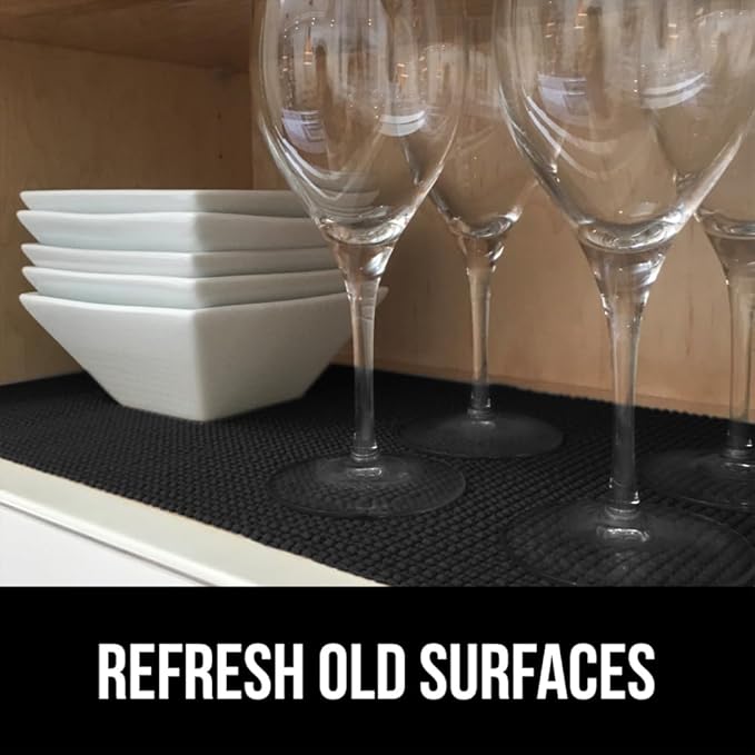 GORILLA GRIP powerGRIP Drawer Shelf and Cabinet Liner, Thick Strong Hold, Non-Adhesive Liners Protect Kitchen Cabinets and Cupboard, Bathroom Drawers, Easy Install, Breathable Mat, 12" x10', Black