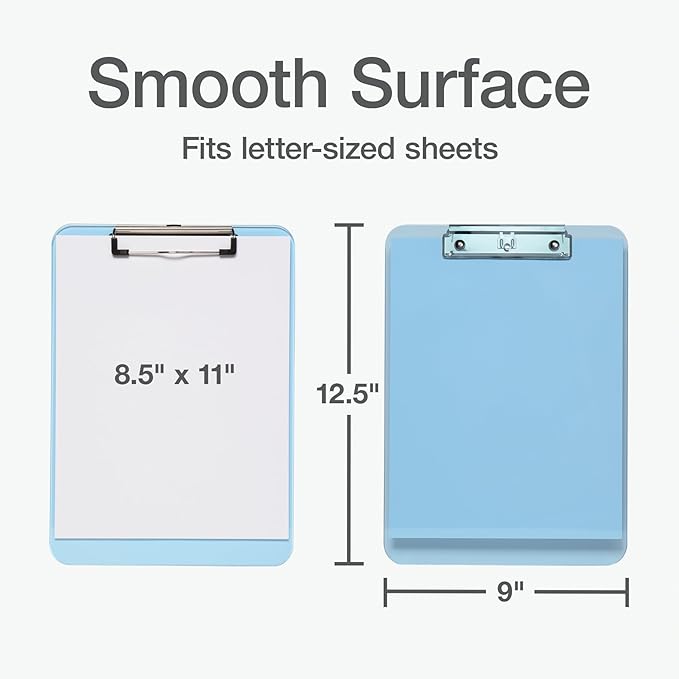 Oxford Plastic Clipboards, Metal Clip with Plastic Corners, Writing Surface with Hanging Loop, Assorted Colors, 12.5" x 9", 6 Pack (25402)