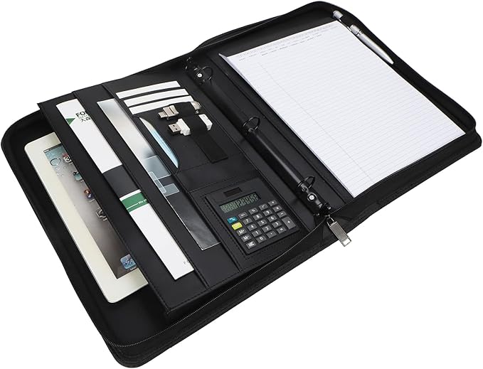 Business Portfolio with Zipper 3 Ring Binder Organizer - PU Leather Folder Padfolio Document Organizer with Solar Calculator,Writing Pad