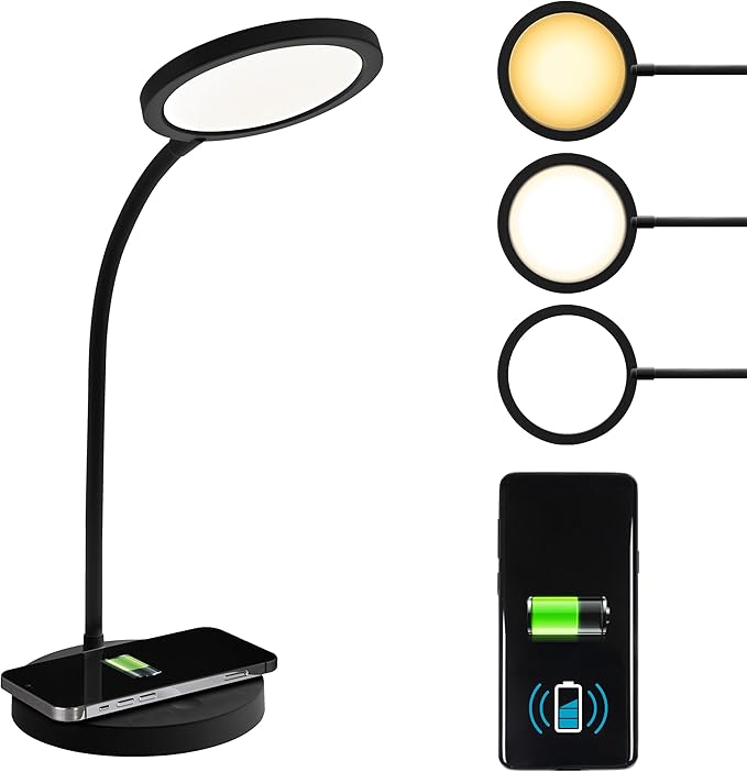 OttLite Good Housekeeping Circular LED Desk Lamp with Wireless Charging - Designed to Reduce Eyestrain - Adjustable Neck, 3 Color Modes - Crafting, Office Work, Reading & Studying