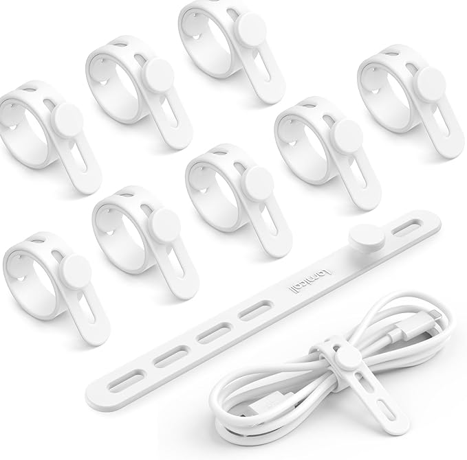 10Pack Silicone Cable Ties Cord Organizer - Lamicall Elastic Wire Ties Management, Travel Must Haves, Halloween Desk Home Office Workspace Accessories, Dorm Room Essentials, White Cable Keeper