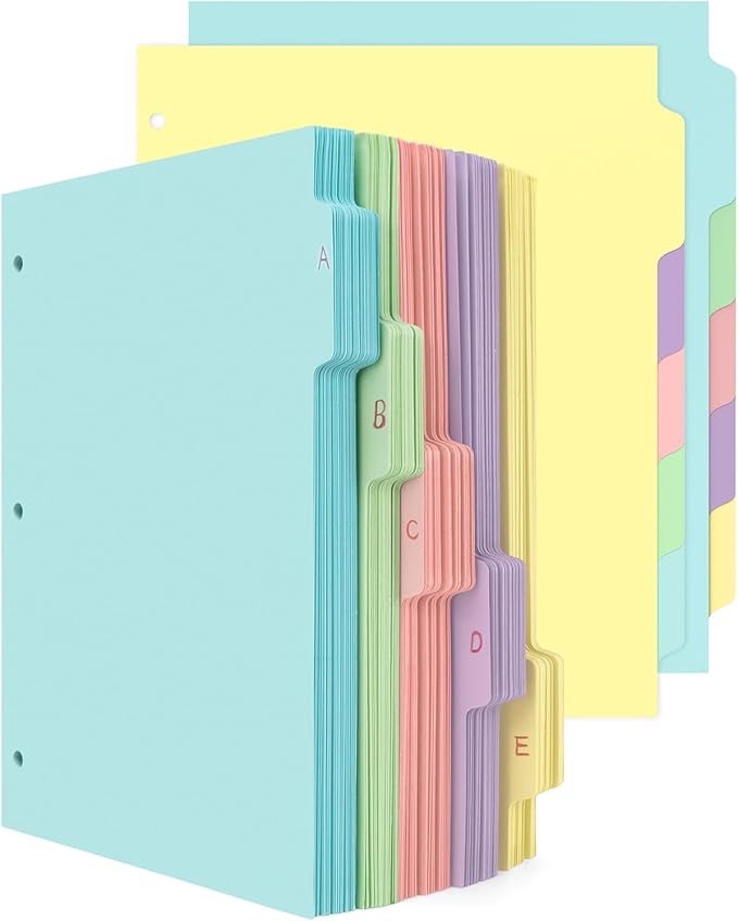 Dynta 3 Ring Binder Dividers with 5 Tabs Bulk 150 Pcs/30 Sets 8.5 x 11 Inches, Letter Size, 5 Colors Durable Paper 3 Hole Punch Index Divider for Kids, Women, Students