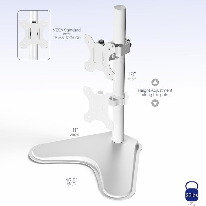 VIVO Single Monitor Desk Stand, Holds Screens up to 32 inch Regular and 38 inch Ultrawide, Freestanding VESA Steel Mount Base, Adjustable Height, Tilt, Swivel, Rotation, White, STAND-V001HW
