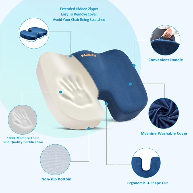 SAIREIDER Chair Cushion and Lumbar Support Pillow for Office Chair, Car Seat Cushions Back Support Pillows, Memory Foam Chair Support for Back&Lumbar, Relieve Tailbone Pain and Sciatica (Blue)