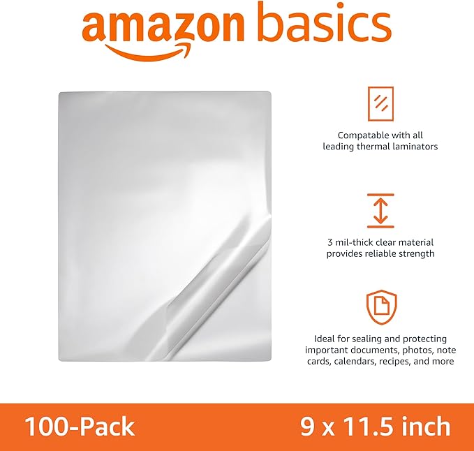 Amazon Basics Clear Thermal Laminating Plastic Paper Laminator Sheets, 2.8 mil, 9.0 x 11.5-Inch, 100-Pack