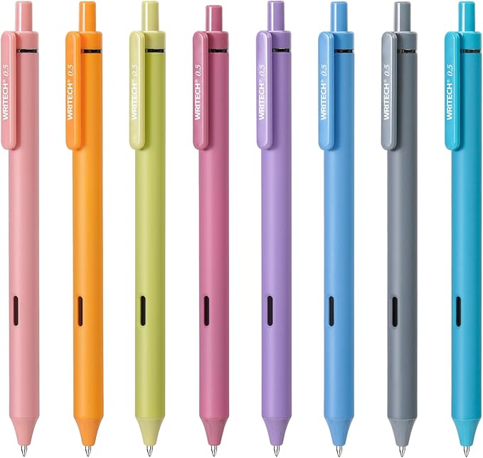 WRITECH Fine Point Gel Pens: 8ct 0.5mm Multi Colored Ink Colors Retractable Pen for Smooth Writing Note Taking Journaling Assorted Coloring No Bleed & Smear & Smudge (Vintage Set)