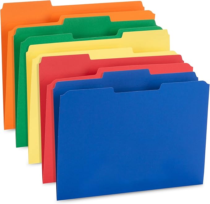 100 Blue Summit Supplies Colored File Folders Letter Size with 1/3 Cut Tabs, Assorted Colored Folders, Durable 11pt Paper, Colorful File Folders for Files, Multi Color File Folders, Reinforced Tabs